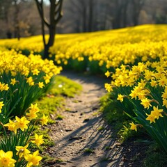 Obraz premium Sunlit path winding through a field of bright yellow daffodils, signaling the arrival of warmer days, blooming, spring