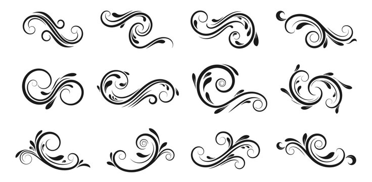 Black Swirling Floral Design Elements Collection.