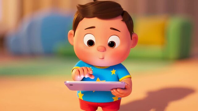 Cartoon boy engaged with tablet device animation for childrens education and interactive digital learning platforms