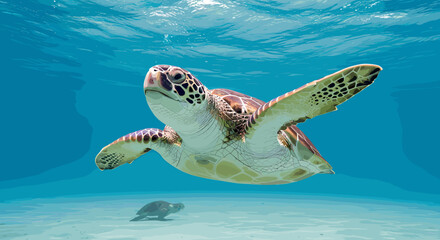 A majestic sea turtle swims gracefully in clear blue ocean water with a sandy seabed visible below. © Uchiha