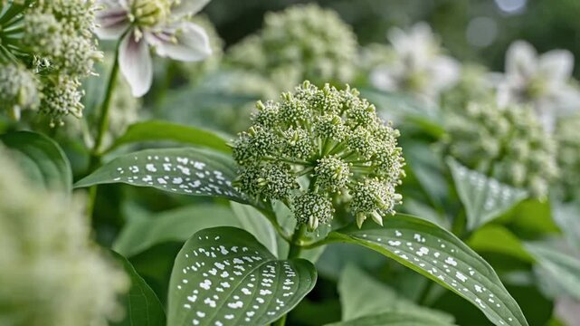 Green flower buds and variegated leaves in a garden