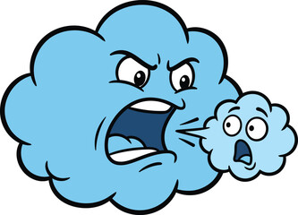 Obraz premium Angry Wind Cloud Blowing Air Cartoon Weather Cloud Vector Illustration.