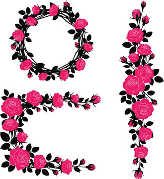 Pink Rose Floral Design Elements Set: Wreath, Corner Border, and Vertical Vine Silhouette