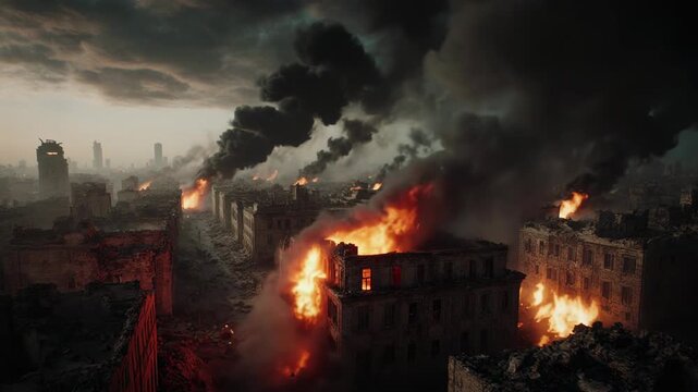 The destruction of the biblical city of Sodom and Gomorrah. An ancient city in ruins burning with fire and explosions. Apocalyptic scene of divine judgment