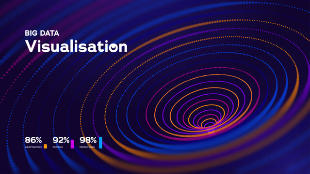 Big Data Visualisation Neon Spiral Rings On Dark Background, Perfect For Analytics Dashboards, Marketing Reports And Futuristic Tech Designs. Data Tunnel Background. Vector Illustration.