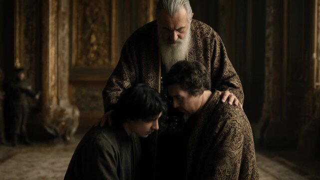 Biblical patriarch Isaac blessing his kneeling sons in a solemn ceremony. Old Testament scene of family heritage and religious tradition