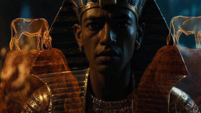 Pharaoh dreaming of glowing cows in ancient Egypt. Close-up of Egyptian king with visual effects of cattle. Biblical prophecy concept