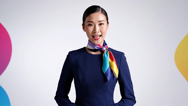 A woman in a dark blue uniform smiles, wearing a colorful scarf, set against a simple gradient background