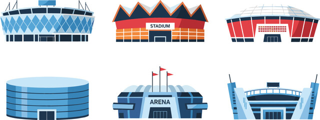 Stadium and arena buildings illustration set featuring modern sports venues, football stadiums, event arenas, and architectural structures in flat vector style © sumi