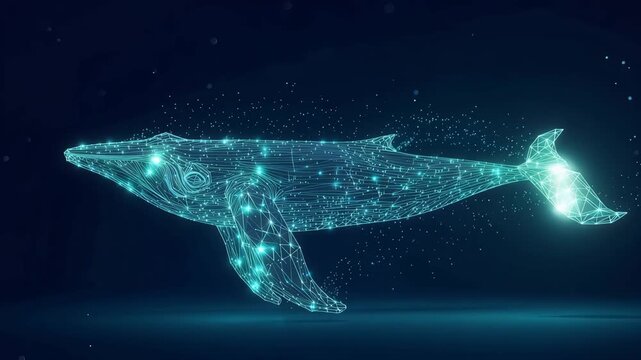 Glowing blue digital whale formed by polygonal wireframe network on black background