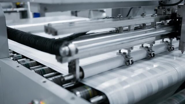 Medium shot of a machine applying striped pattern coatings on packaging surfaces for targeted functional barriers highlighting precise industrial control and efficiency.