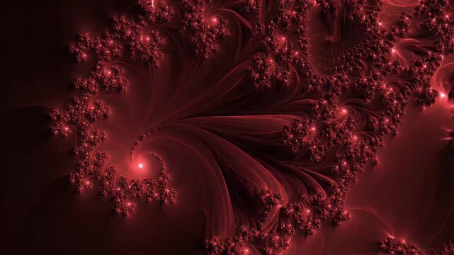 A deep red fractal landscape with glowing nodes and spiraling patterns, suggestive of nebulae