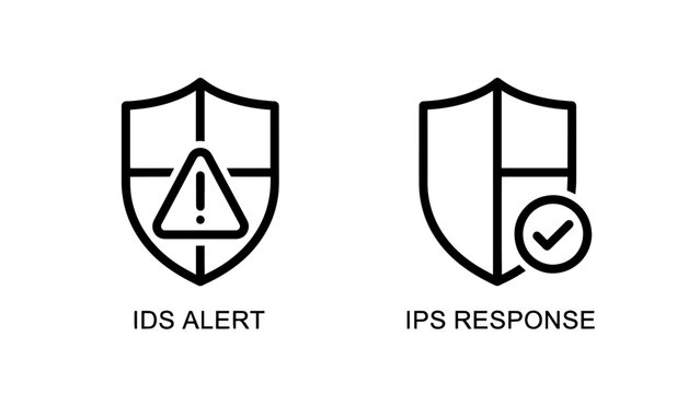 Cybersecurity icons depicting an IDS alert with a warning triangle on a shield and an IPS response with a shield and checkmark.