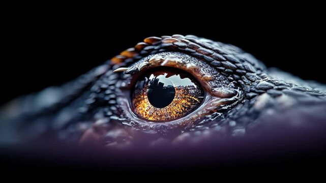 An intense macro shot of a reptilian eye, showcasing textured scales, sharp teeth, and a deep, captivating iris, all against a dark background