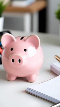 A pink piggy bank placed on a rustic wooden table, surrounded by a scattering of coins, concept of savings and financial management.	