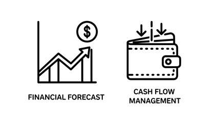Naklejka premium Financial forecast chart with upward trend and dollar sign, cash flow management wallet with income and expense arrows