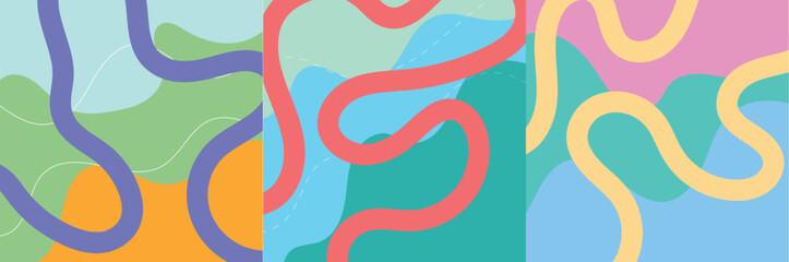 Obraz premium Vibrant Retro Groovy Wavy Seamless Pattern | Colorful Abstract Organic Squiggles in Pastel Blue Green Pink Orange Panels Vector Background 