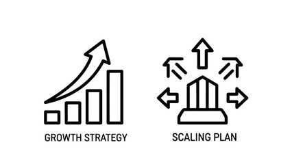 Fototapeta premium Growth strategy and scaling plan icons showing upward bar charts and arrows, representing business expansion, development, and increasing success.