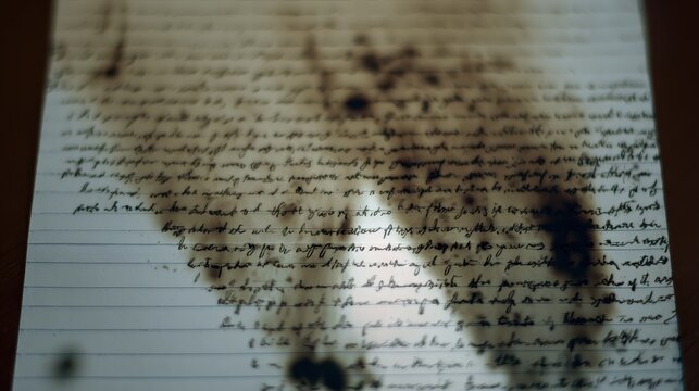 Reverse side of written paper, ink bleeding through, mirror image text, ghosting effect