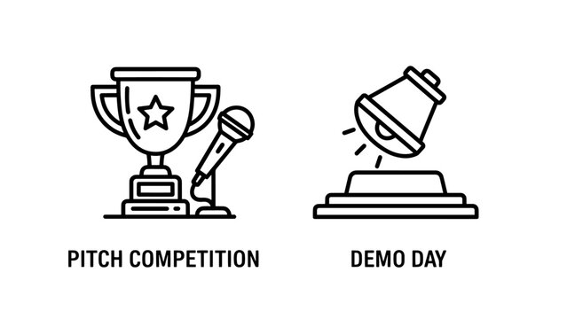 Pitch Competition and Demo Day Icons: Startup Events, Innovation Showcases, and Presentation Symbols