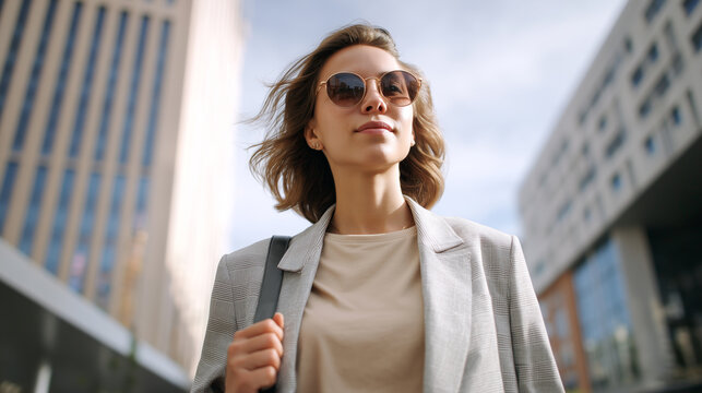 Confident young woman walking in a modern cityscape wearing sunglasses and a casual outfit, enjoying her urban lifestyle under a blue sky
