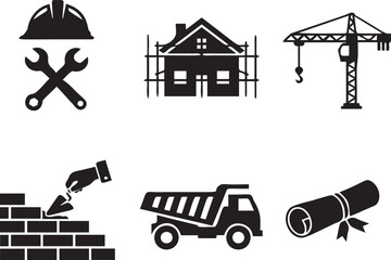 Naklejka premium Construction site icons featuring scaffolding on house safety helmet tools bricklayer hand dump truck and professional diploma