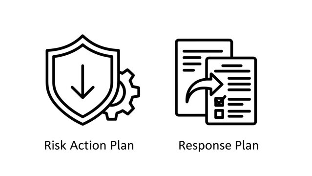 Shield icon with downward arrow for risk action plan and document with arrow for response plan, representing crisis management and strategic planning.