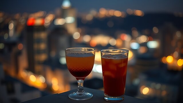 Two glasses on rooftop ledge with city lights bokeh and warm ambient glow. bar promotions, beverage menus, designed for food & beverage menus and cafe branding.