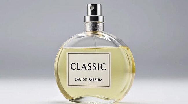 Classic round perfume bottle mockup with silver spray, 360 degree rotation