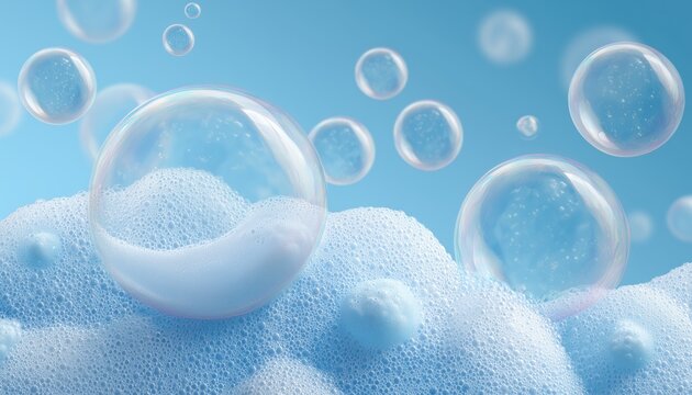 Shampoo Bubbles And Bath Foam With Shading On Blue: White Shining Soap Bubbles - Clean Symbol For Hygiene And Easy Cleaning.