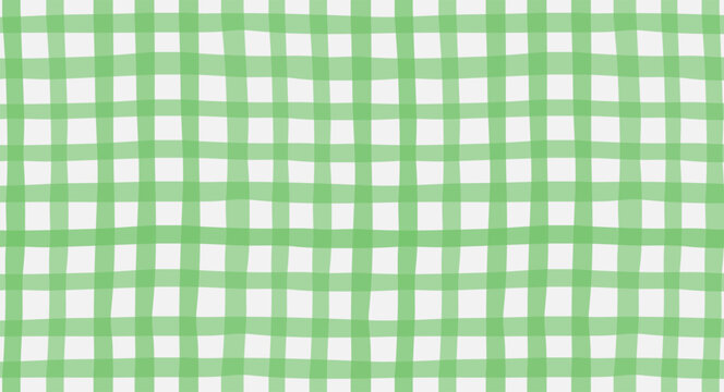 Seamless green gingham check pattern with soft watercolor texture. Hand painted plaid background in warm cheerful tones. Cute summer design for fabric, wallpaper, packaging, stationery, kitchen decor.