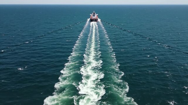 Cargo Ship Sails Across Open Blue Sea Leaving White Wake