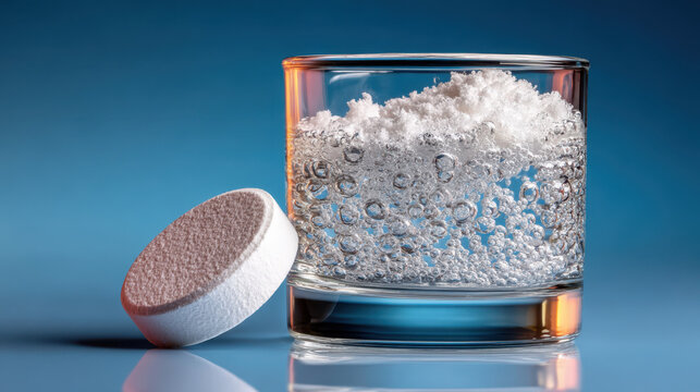 Macro closeup of effervescent rehydration tablet fizzing in glass of water for health packaging and product background