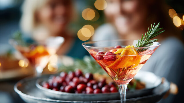 Festive cocktail on tray in living room for holiday background and banner design with cranberries rosemary and warm bokeh lights