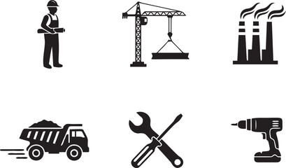 Fototapeta premium Construction and industrial icons featuring engineer, crane, factories, dump truck, tools, and power drill for building and development work