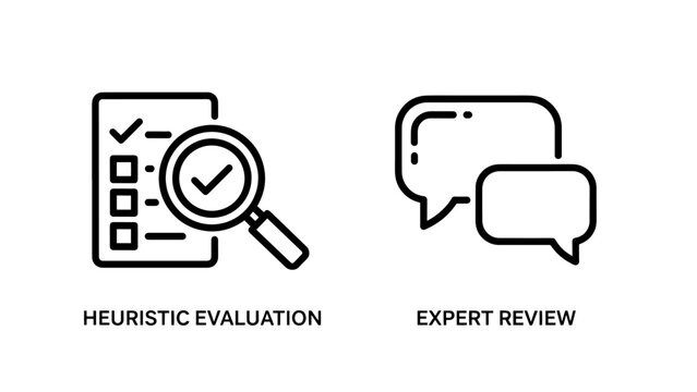 Heuristic Evaluation and Expert Review Icons for User Experience, Usability Testing, Quality Assurance, Feedback, and Design Validation.