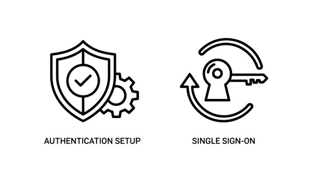 Authentication Setup and Single Sign-On Icons for Cybersecurity, User Access, Identity Management, and Secure Login Solutions.