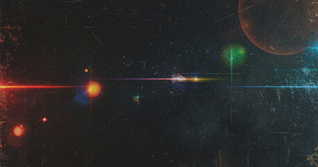 Grunge Space Background with Colorful Lens Flare Light Streaks and Planet Texture,film overlay effect with scratch dust and light leaks.retro Cinematic grain noisy distressed texture light ray flare © ale studio 