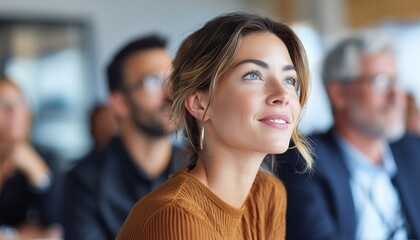 Attentive Employees Engaged In Seminar With Speaker, Woman In Foreground Actively Participating In Discussion. Creating A Productive Atmosphere.