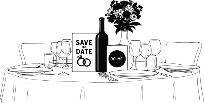 Wedding table dinner. Save the date card, poster, banner or placard. Wine and flowers bouquet drawing for wedding invitations, cafe menus and parties. Served table in restaurant or cafe in ink style