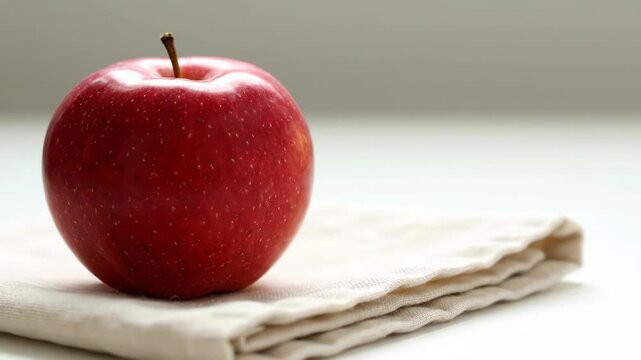 A vibrant red apple with a stem rests on a textured cream-colored cloth. Soft background lightens the scene