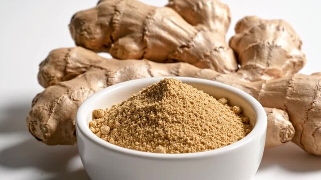 Fresh ginger roots and powdered spice in white bowl
