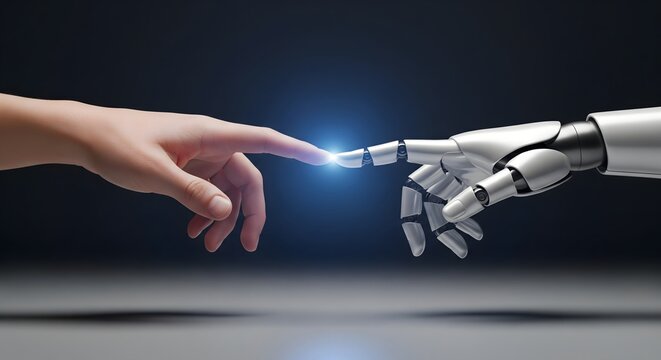 Human hand touching robot hand with illuminated fingertips against a dark background, representing AI and human interaction.