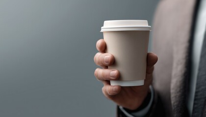 Man In Business Attire Holding A White Paper Coffee Cup For Take Away. He Is Shown Outside In A Professional Setting.
