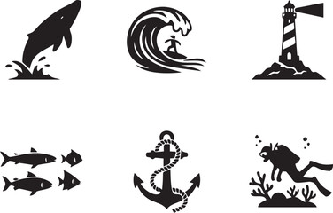 Marine and ocean life icons including whale, wave, lighthouse, fish, anchor, and scuba diver