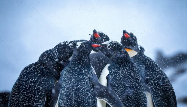 A huddle of Gentoo penguins in the Antarctic snow.