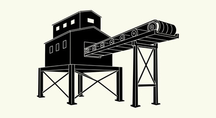 Industrial Conveyor System Silhouette A Detailed Black and White Illustration.