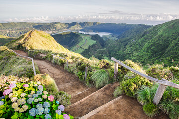 Naklejka premium View from Miradouro da Boca do Inferno over Sete Cidades crater lakes, Sao Miguel Island, Azores, Portugal
