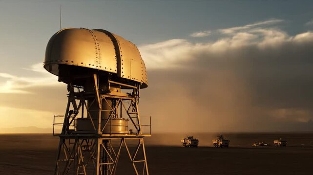 Radar Military Scanning Sky and Surveillance Tower in Desert