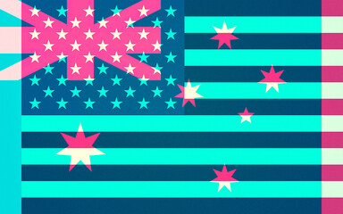 Vibrant Graphic Design Combining Elements of Australian and American Flags with Colorful Stripes and Stars, Featuring a Grainy Texture